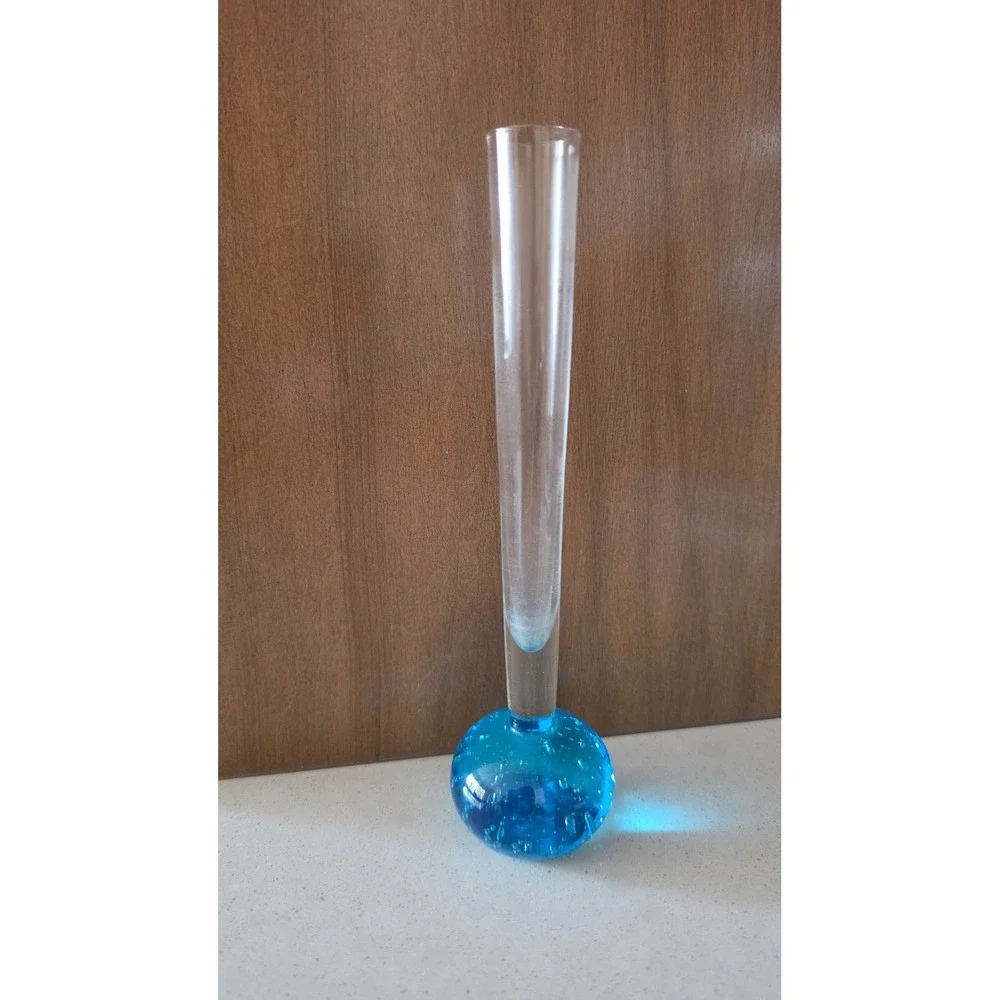 Hand Blown Glass Bud Vase Controlled Bubble Base Blue Clear Tapered 8.25 Inch